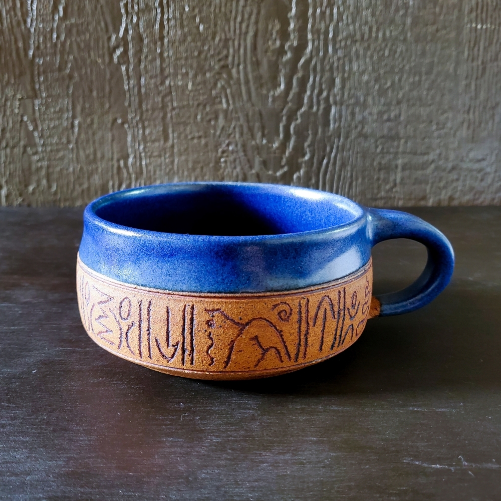 Vintage Signed Handmade Art Pottery Southwestern Style Blue Clay Bowl